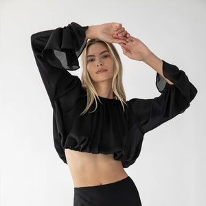 Trois The Label Kristen Crop Top Black Crinkle Cotton Sz0